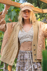 POL Quilting Patch Button Up Cable Knit Jacket OutfitFlow